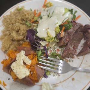 Steak, sweet potatoe and butter, celtic salt, salad, quinoa