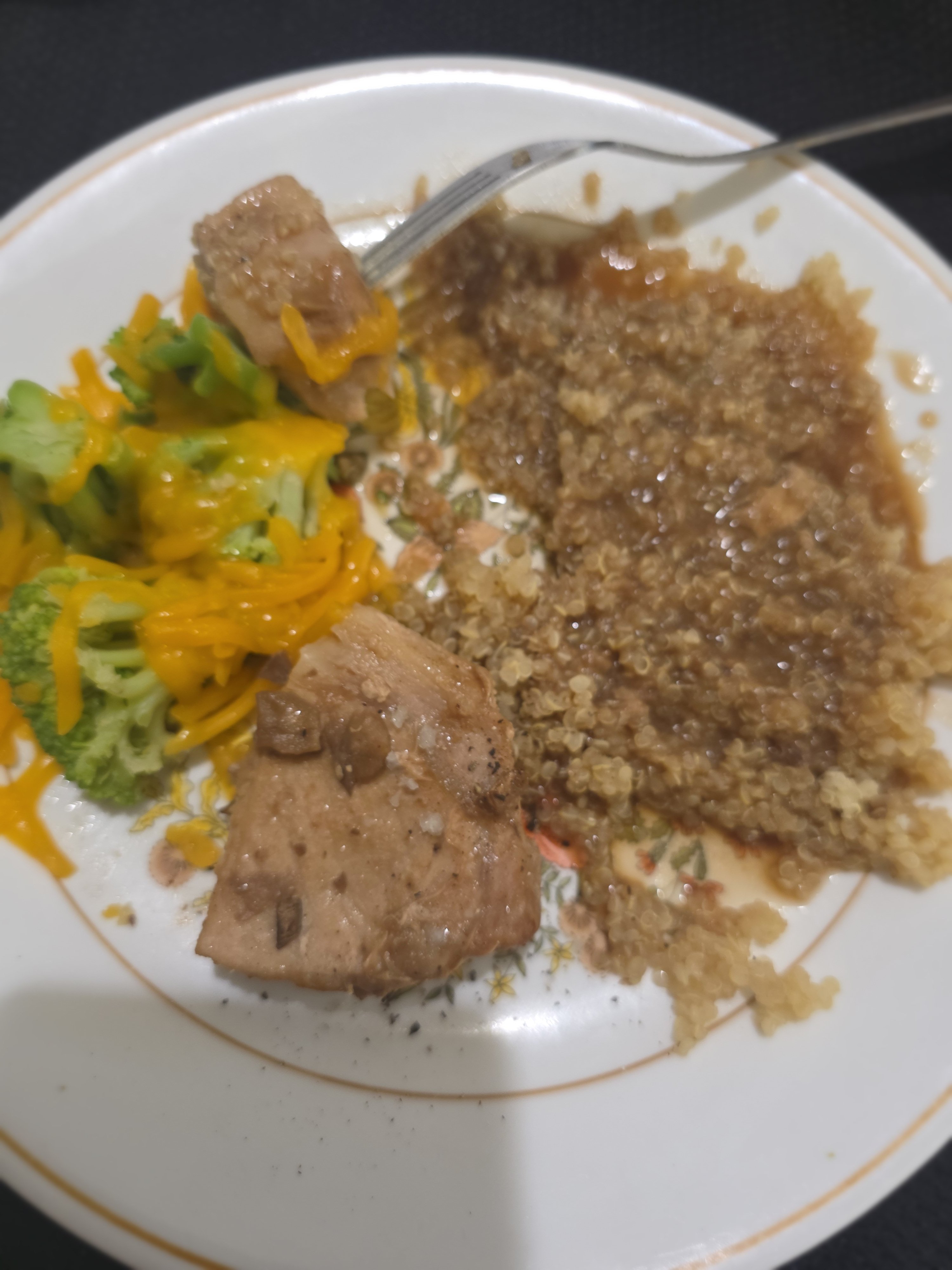 Pork Chop, Broccoli and cheese, quinoa and mushroom gravy.